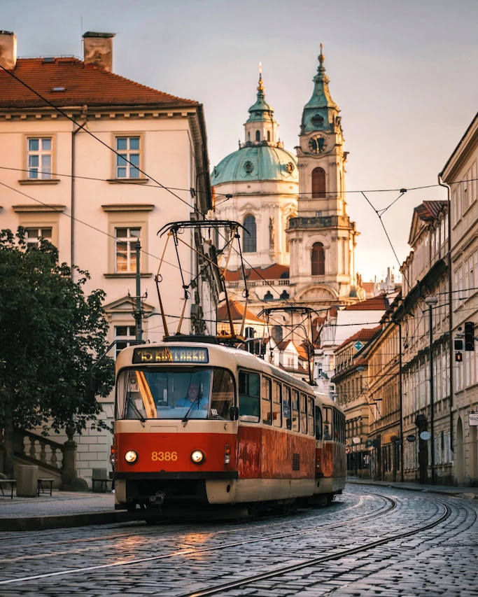 Historic red tram in Prague