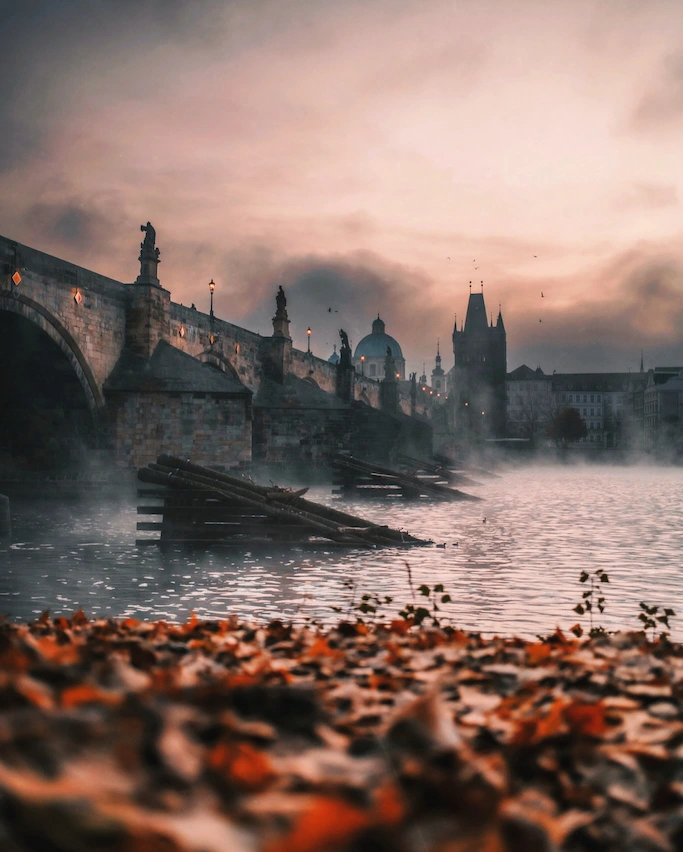 Charles Bridge with autumn leaves