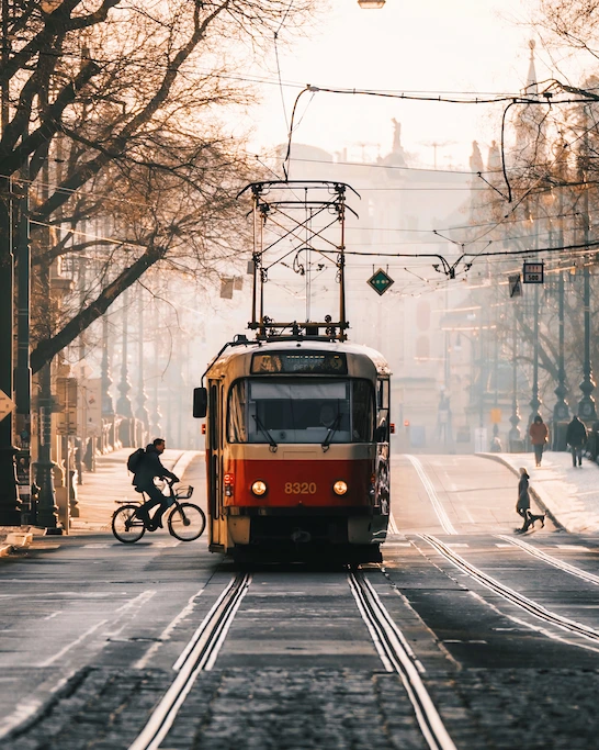 Tram and cyclist in Prague
