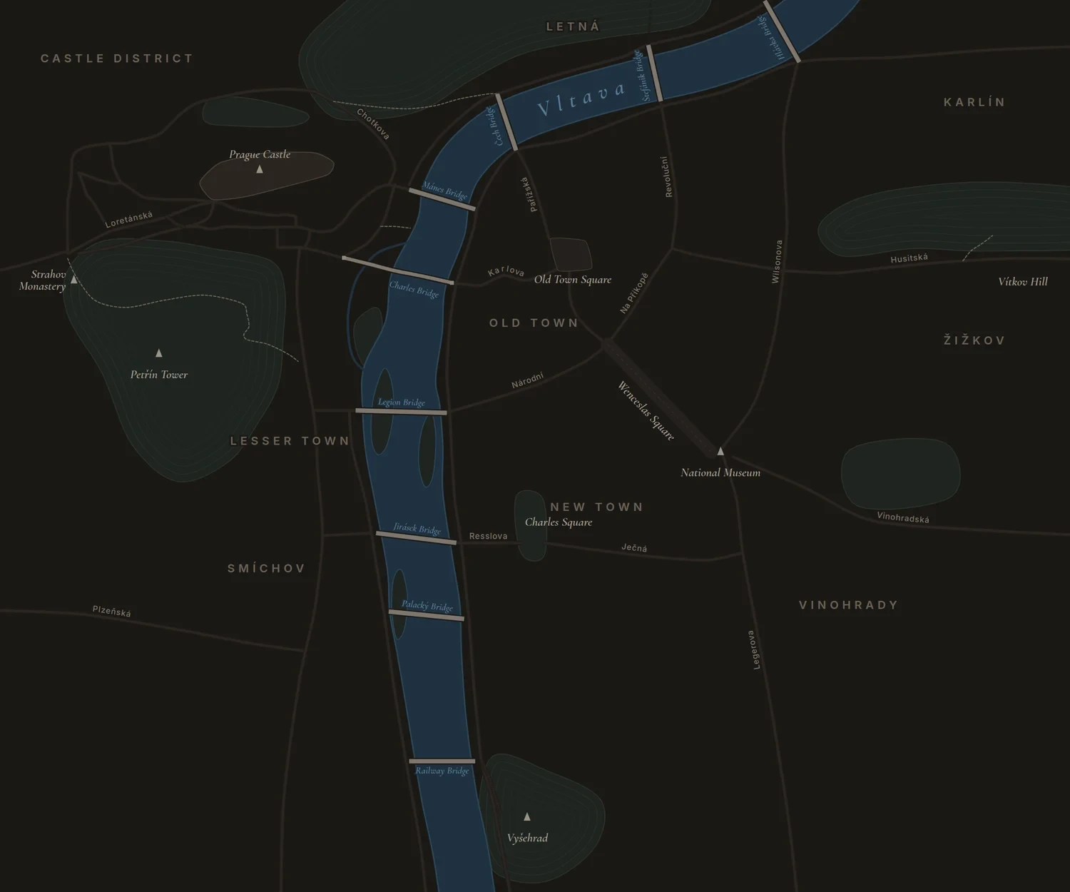 Dark map of central Prague with three glowing areas around the Vltava